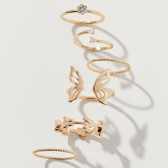 Urban Outfitters FlutterSet of Various Gold Plated Butterfly Stacking Rings - Picture 1 of 6